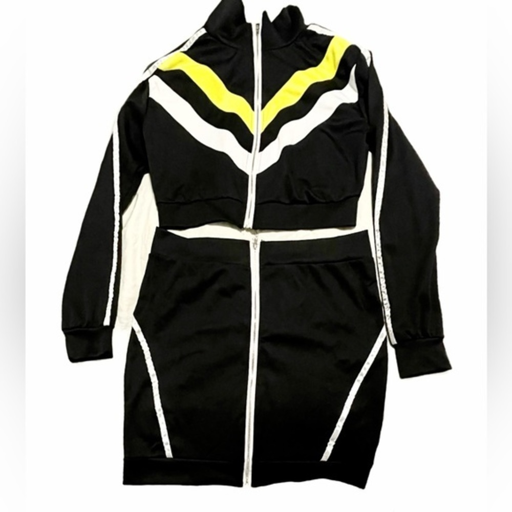 Black & Yellow Two-Piece Zip Front Skirt and Jacket Set Athleisure Set